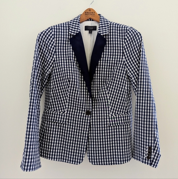 NEW J. CREW Puckered Gingham Blazer Jacket WOMEN'S 8 Navy White Cotton Preppy - Picture 16 of 16
